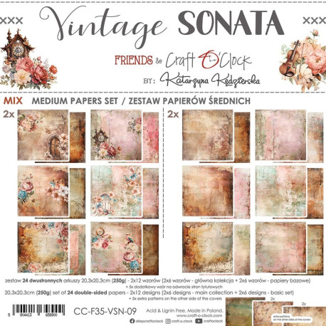 Craft o' Clock Vintage Sonata Paper COLLECTION and BASIC designs Set 20x20cm 24fg