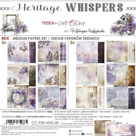 Craft o' Clock Heritage Whispers Paper COLLECTION and BASIC designs Set 20x20cm 24fg