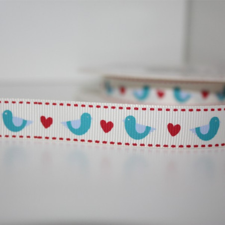 Grosgrain crema con stampa Uccelli e cuori 16 mm