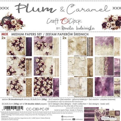 Craft o' Clock Plum And Caramel Paper COLLECTION and BASIC designs Set 20x20cm 24fg