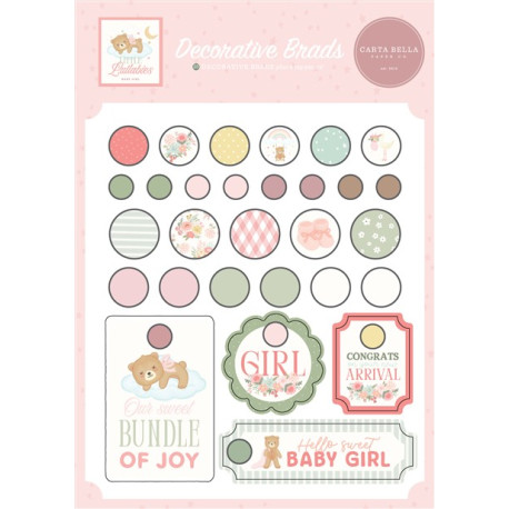 Carta Bella Little Lullabies Baby Girl Adhesive Brads 25pz+4 Chipboard