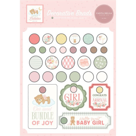 Carta Bella Little Lullabies Baby Girl Adhesive Brads 25pz+4 Chipboard