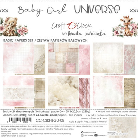 Craft o' Clock Baby Girl Universe BASIC PAPER Set 20x20cm 24fg