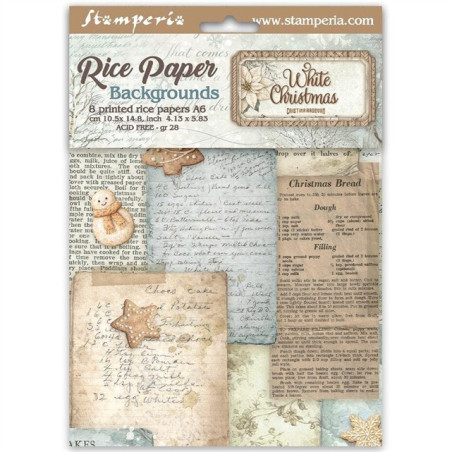 Stamperia White Christmas A6 Rice Paper Backgrounds Selection 8fogli