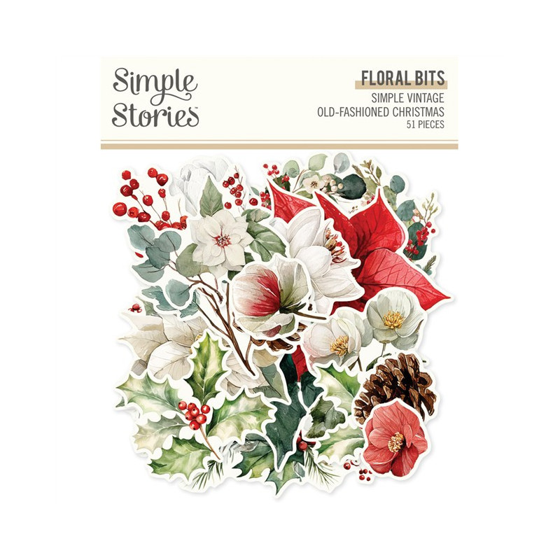 Simple Stories Simple Vintage Old-Fashioned Christmas FLORAL Bits & Pieces 51pz