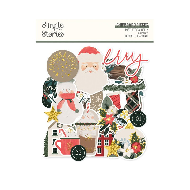 Simple Stories Mistletoe & Holly Chipboard Pieces 66pz