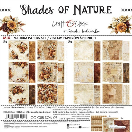 Craft o' Clock Shades Of Nature Paper COLLECTION and BASIC designs Set 20x20cm 24fg