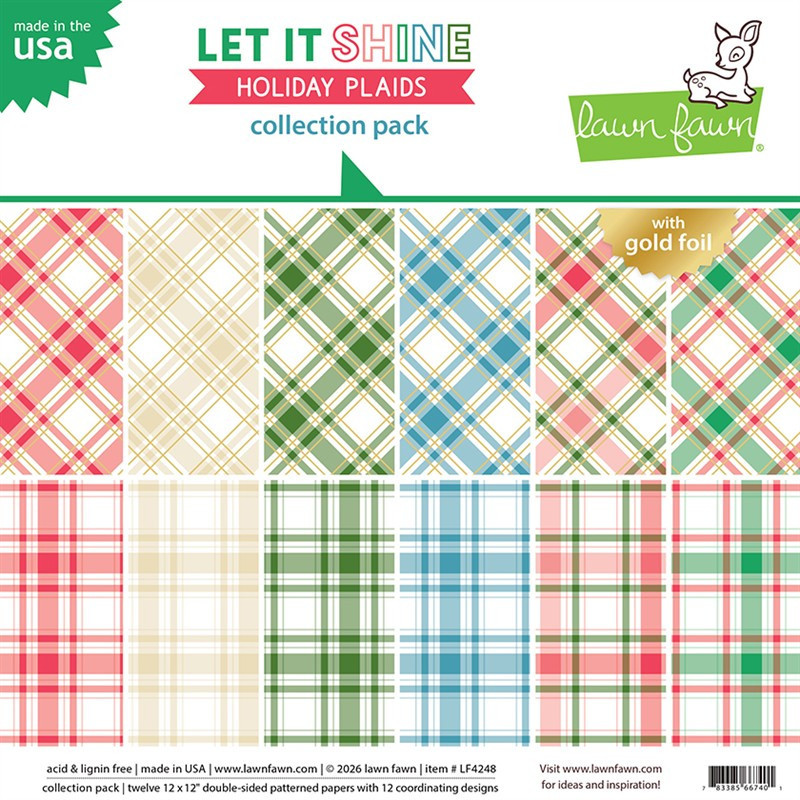 LAWN FAWN Let It Shine Holiday Plaids Paper Pack 30x30m CON FOIL ORO