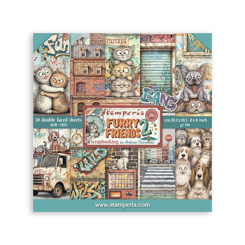 Stamperia Furry Friends 2 Paper Pack 20x20 cm by Antonis Tzanidakis
