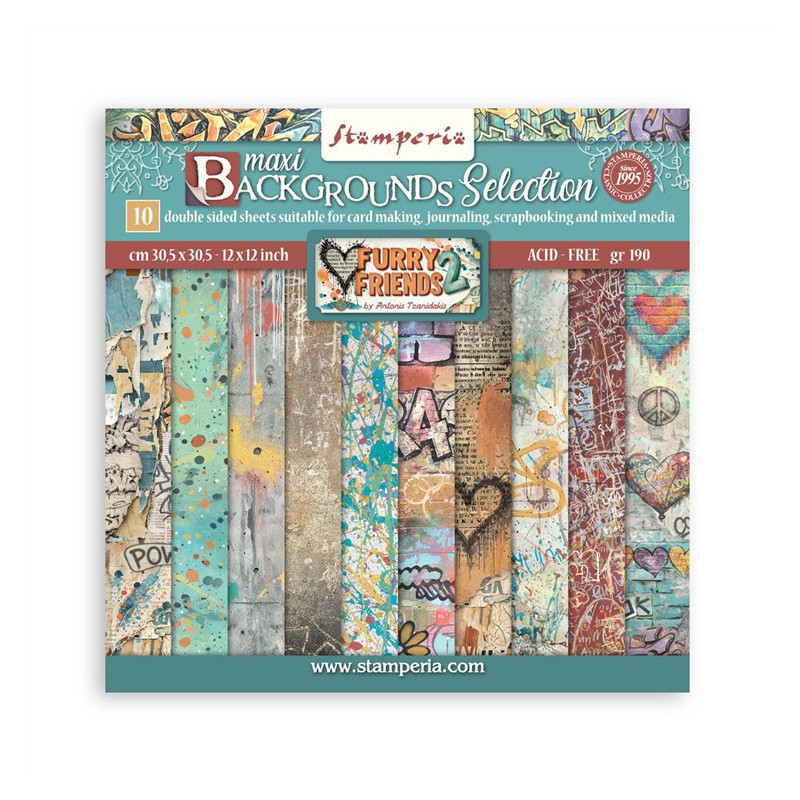 Stamperia Furry Friends 2 MAXI Backgrounds Paper Pack 30x30cm by Antonis Tzanidakis
