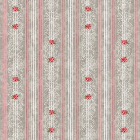 Tessuto Frou Frou Strisce e rose rosa