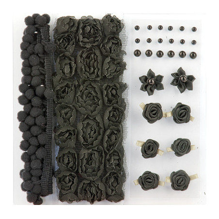 Set Abbellimenti Neri PomPom, Fiori, Mezze Perle