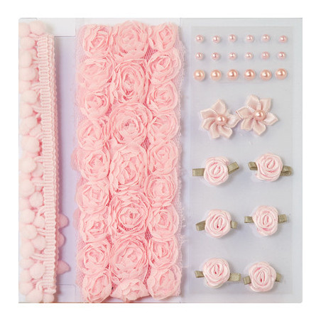 Set Abbellimenti Rosa PomPom, Fiori, Mezze Perle