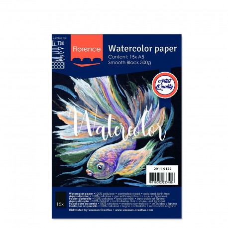 15 fogli A5 Watercolour Paper Smooth BLACK 300gsm