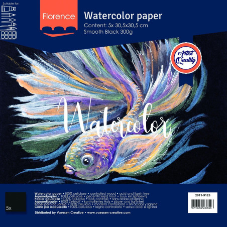 5 fogli Watercolour Paper Smooth BLACK 300gsm 30x30cm