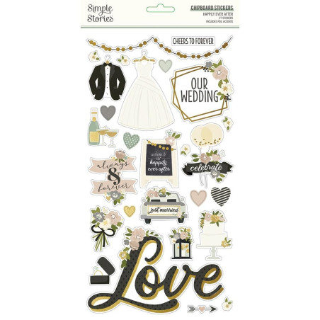 Simple Stories Happily Ever After Chipboard Stickers 27pz FOIL ACCENTS