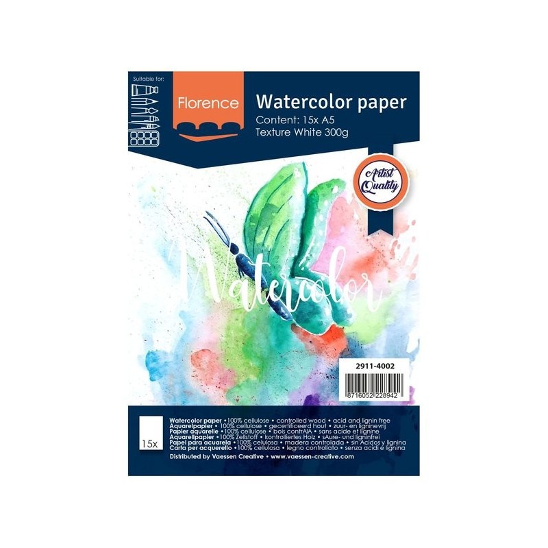 15 fogli A5 Watercolour Paper TEXTURE WHITE 300gsm