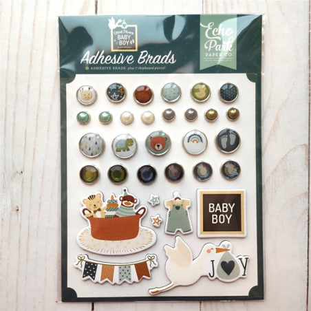 Echo Park Special Delivery Baby Boy Adhesive Brads 25pz+7 Chipboard